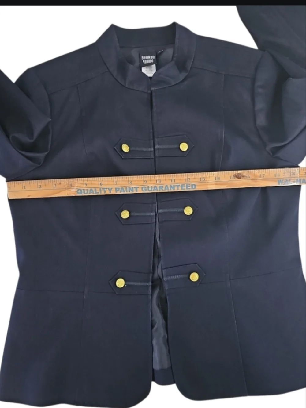 Sharon Young Dark Denim Stretch Military Jacket Gold Button Open Front Sz 12